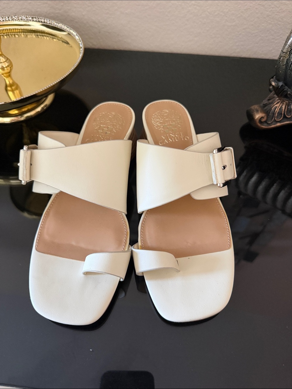 Vince Camuto White Leather Crossover Slide Mules with silver hardware